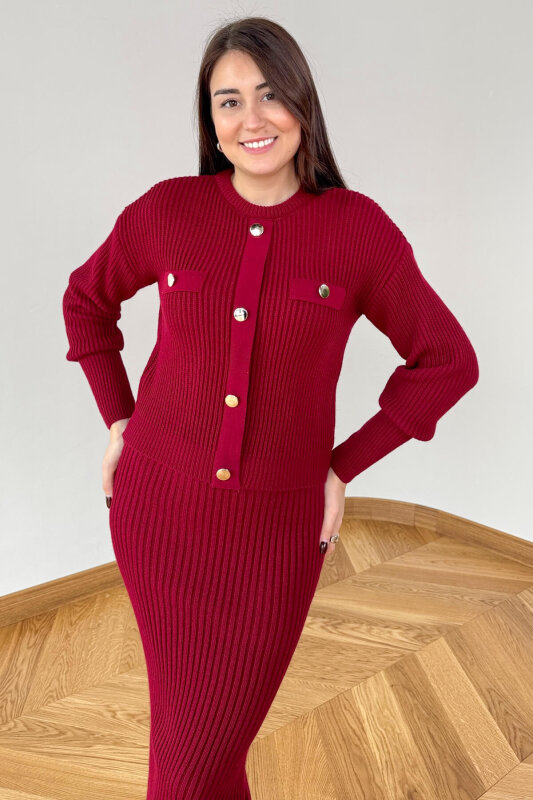 TKM-13358 Bordo Kalın Fitilli Düğme Detaylı Etekli Triko Takım - 2