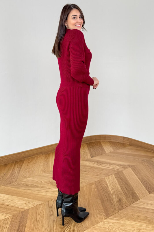 TKM-13358 Bordo Kalın Fitilli Düğme Detaylı Etekli Triko Takım - 5