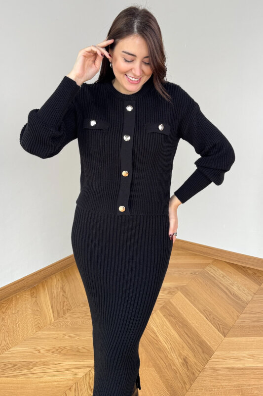 TKM-13358 Siyah Kalın Fitilli Düğme Detaylı Etekli Triko Takım - 2