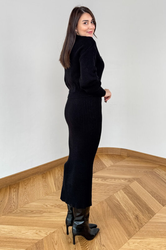 TKM-13358 Siyah Kalın Fitilli Düğme Detaylı Etekli Triko Takım - 4