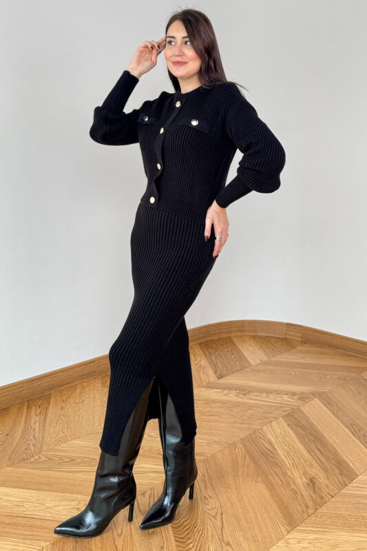 TKM-13358 Siyah Kalın Fitilli Düğme Detaylı Etekli Triko Takım - 5