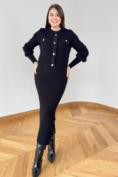 TKM-13358 Siyah Kalın Fitilli Düğme Detaylı Etekli Triko Takım 
