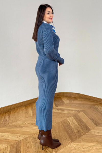 TKM-13360 Mavi Fitilli Yuvarlak Yaka Triko Etekli Takım - 4