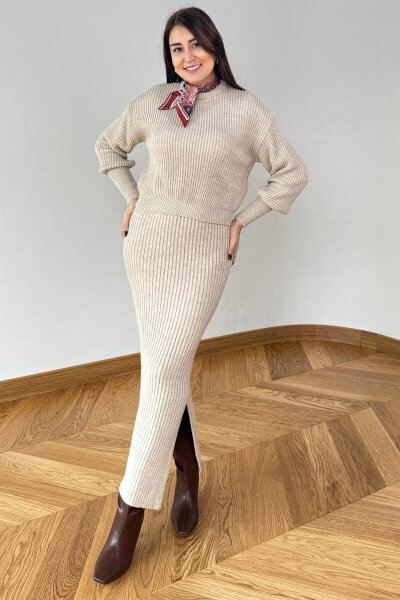 TKM-13360 Taş Rengi Fitilli Yuvarlak Yaka Triko Etekli Takım 
