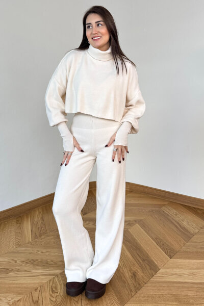 TKM-13361 Krem Çelik Örme Parmak Geçirmeli Balıkçı Yaka İkili Takım - 4