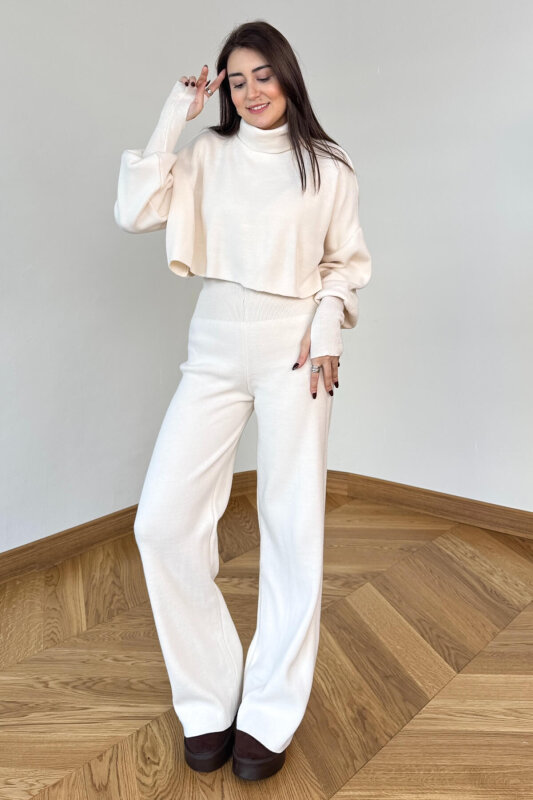 TKM-13361 Krem Çelik Örme Parmak Geçirmeli Balıkçı Yaka İkili Takım - 1