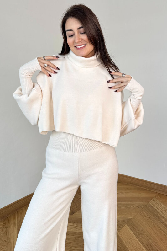 TKM-13361 Krem Çelik Örme Parmak Geçirmeli Balıkçı Yaka İkili Takım - 2