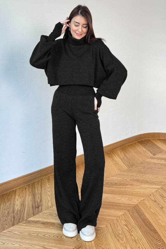 TKM-13361 Siyah Çelik Örme Parmak Geçirmeli Balıkçı Yaka İkili Takım - 1