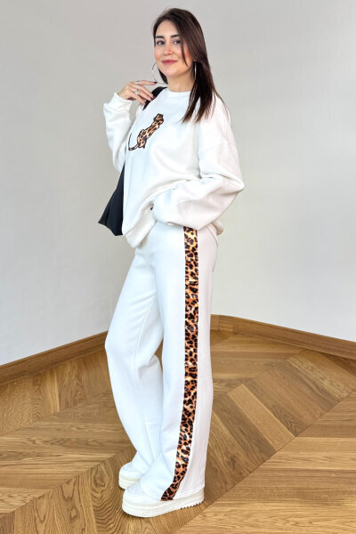 TKM-13362 Beyaz Leopar Nakışlı Üç İplik Şardonlu İkili Takım - 7
