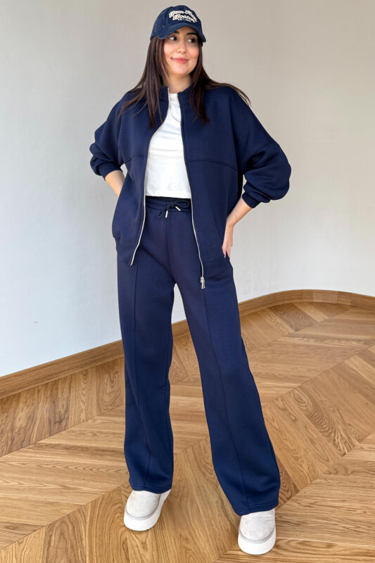 TKM-13363 Lacivert Dik Yaka Üç İplik Şardonlu Oversize  Eşofman Takımı - 5