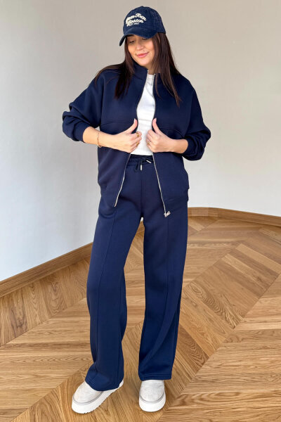 TKM-13363 Lacivert Dik Yaka Üç İplik Şardonlu Oversize  Eşofman Takımı - 1