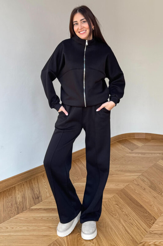 TKM-13363 Siyah Dik Yaka Üç İplik Şardonlu Oversize  Eşofman Takımı - 3