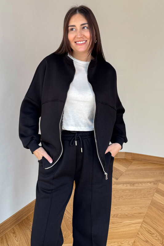 TKM-13363 Siyah Dik Yaka Üç İplik Şardonlu Oversize  Eşofman Takımı - 2