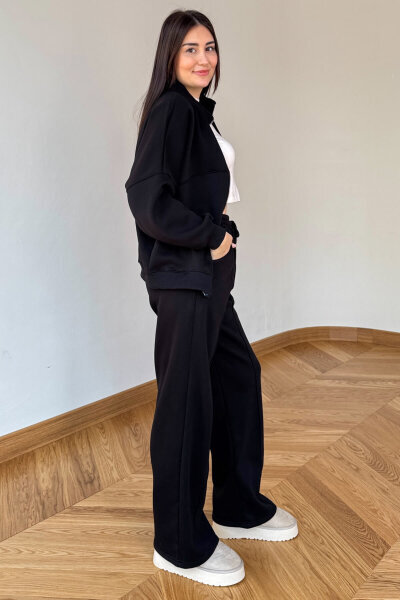 TKM-13363 Siyah Dik Yaka Üç İplik Şardonlu Oversize  Eşofman Takımı - 4