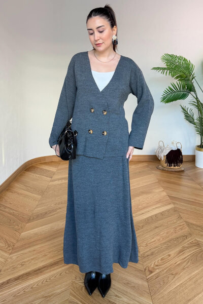 TKM-13364 Füme Çelik Örme Etek-Hırka İkili Triko Takım