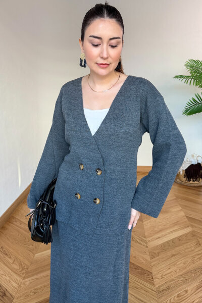 TKM-13364 Füme Çelik Örme Etek-Hırka İkili Triko Takım (1)