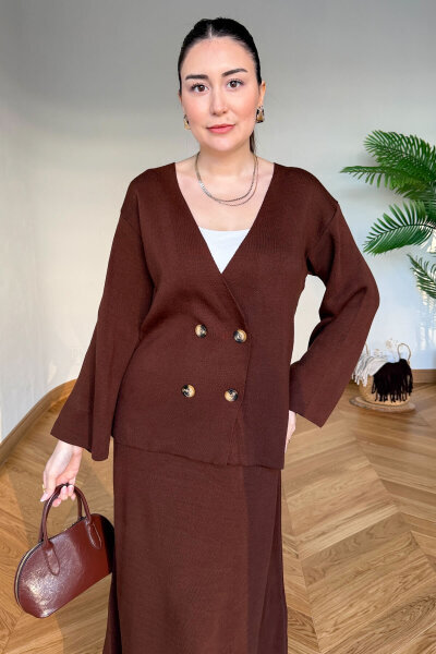 TKM-13364 Kahverengi Çelik Örme Etek-Hırka İkili Triko Takım (1)