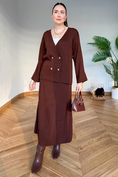TKM-13364 Kahverengi Çelik Örme Etek-Hırka İkili Triko Takım