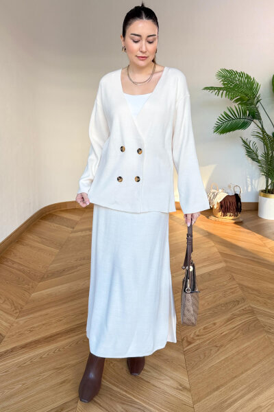 TKM-13364 Krem Çelik Örme Etek-Hırka İkili Triko Takım