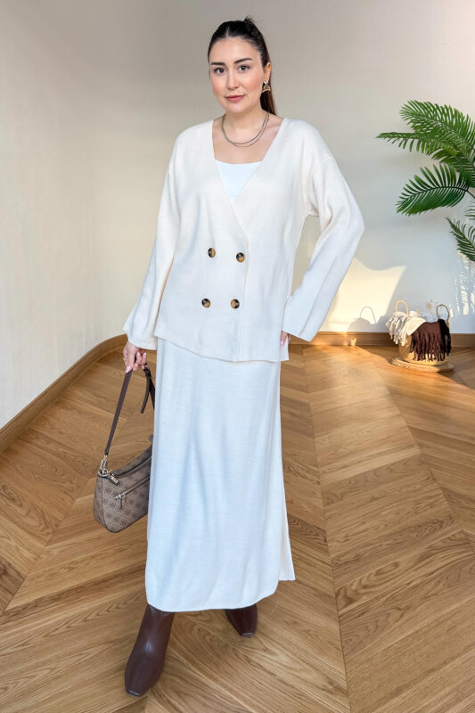 TKM-13364 Krem Çelik Örme Etek-Hırka İkili Triko Takım - 4