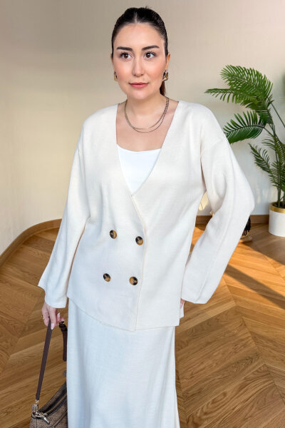 TKM-13364 Krem Çelik Örme Etek-Hırka İkili Triko Takım (1)