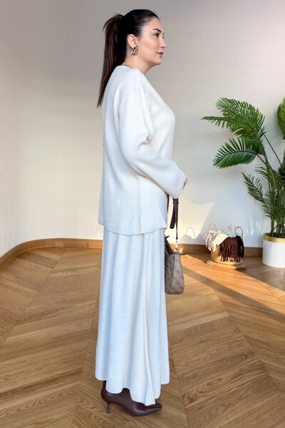 TKM-13364 Krem Çelik Örme Etek-Hırka İkili Triko Takım - 5