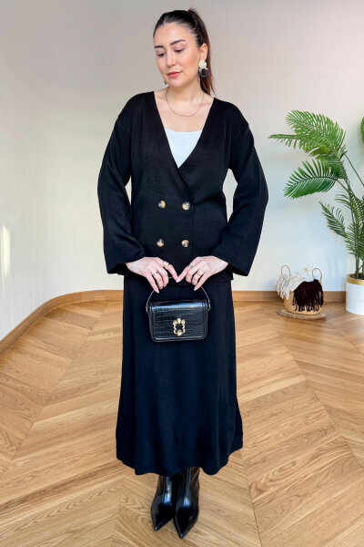 TKM-13364 Siyah Çelik Örme Etek-Hırka İkili Triko Takım