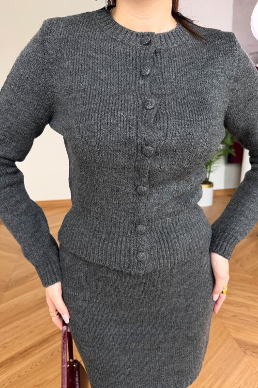 TKM-13365 Füme Kaplama Düğmeli Hırka & Mini Etek Triko İkili Takım - 5