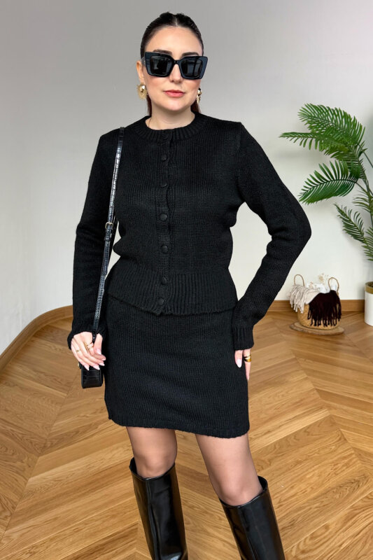 TKM-13365 Siyah Kaplama Düğmeli Hırka & Mini Etek Triko İkili Takım - 4