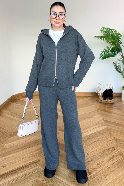 TKM-13366 Füme Kapüşonlu Fermuarlı Hırka & Pantolon İkili Triko Takım