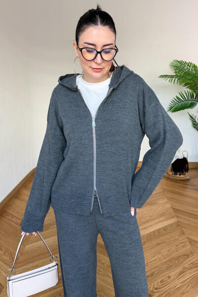 TKM-13366 Füme Kapüşonlu Fermuarlı Hırka & Pantolon İkili Triko Takım (1)
