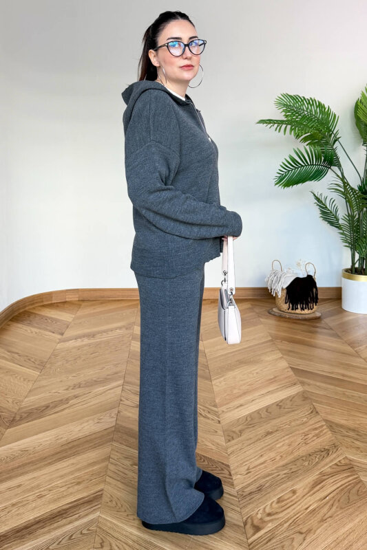 TKM-13366 Füme Kapüşonlu Fermuarlı Hırka & Pantolon İkili Triko Takım - 4