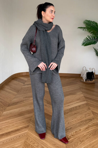 TKM-13367 Füme Şallı Triko & Etek Fitilli Üçlü Takım