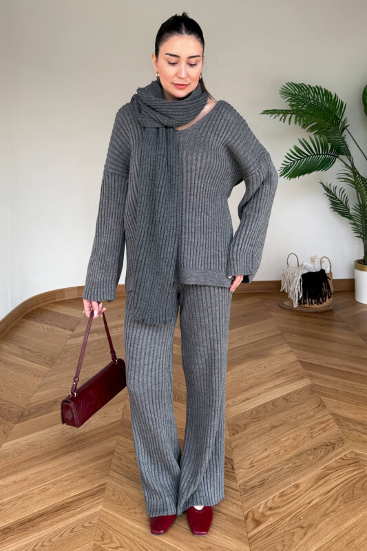 TKM-13367 Füme Şallı Triko & Etek Fitilli Üçlü Takım - 3