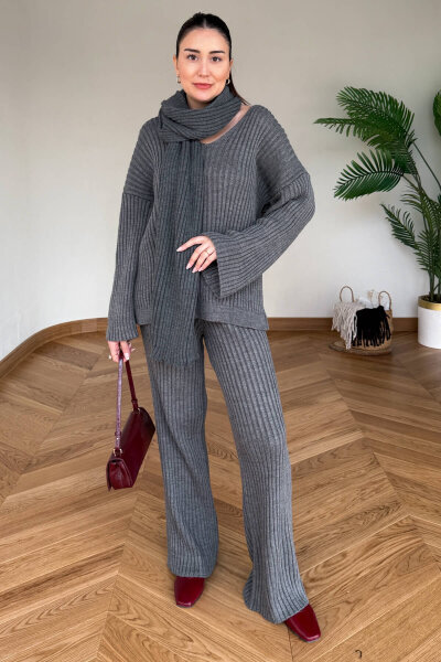 TKM-13367 Füme Şallı Triko & Etek Fitilli Üçlü Takım - 4