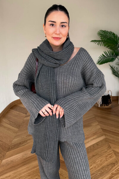 TKM-13367 Füme Şallı Triko & Etek Fitilli Üçlü Takım (1)