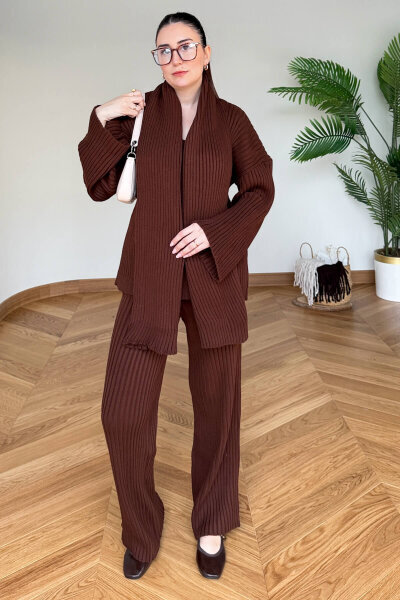 TKM-13367 Kahverengi Şallı Triko & Etek Fitilli Üçlü Takım