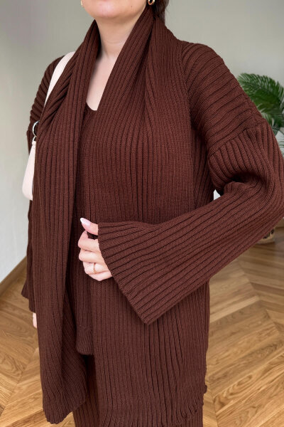 TKM-13367 Kahverengi Şallı Triko & Etek Fitilli Üçlü Takım (1)