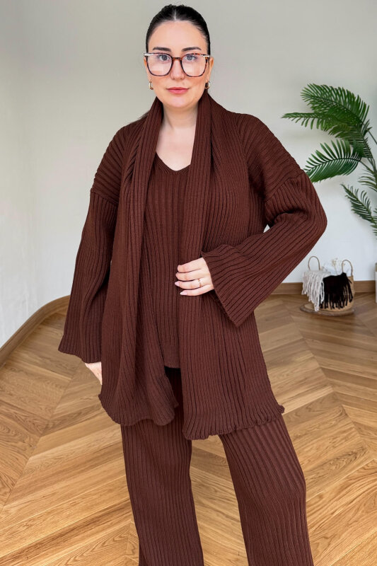 TKM-13367 Kahverengi Şallı Triko & Etek Fitilli Üçlü Takım - 3