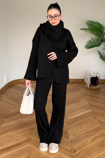 TKM-13367 Siyah Şallı Triko & Etek Fitilli Üçlü Takım 