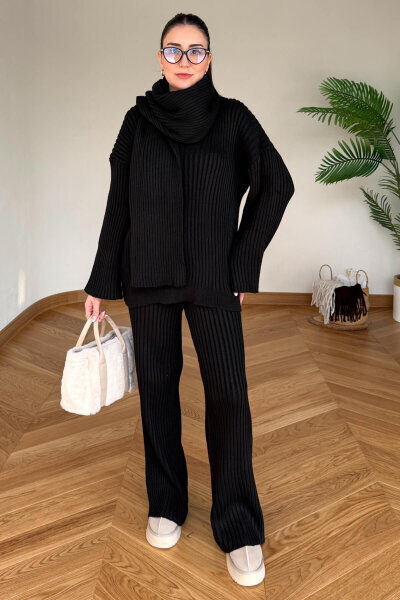 TKM-13367 Siyah Şallı Triko & Etek Fitilli Üçlü Takım  (1)