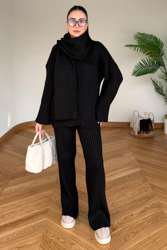 TKM-13367 Siyah Şallı Triko & Etek Fitilli Üçlü Takım - 2