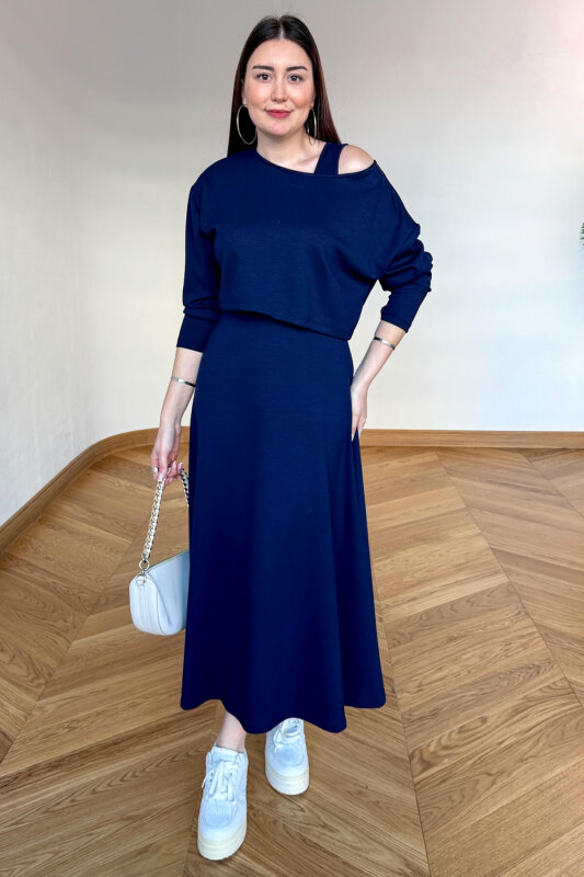 TKM-13369 Lacivert Bluz Elbise Modal Kumaş İkili Takım - 1