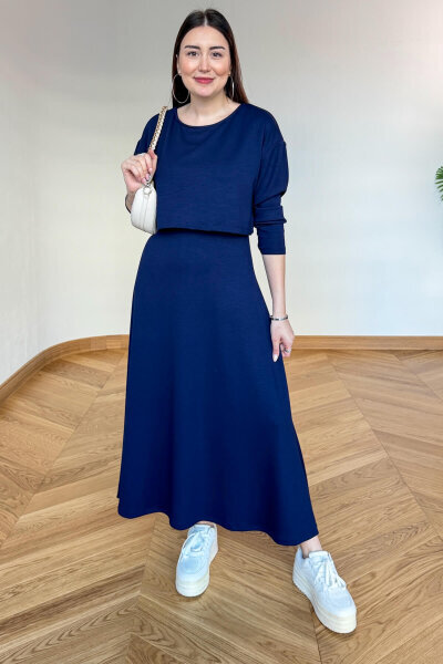 TKM-13369 Lacivert Bluz Elbise Modal Kumaş İkili Takım - 5