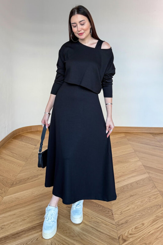 TKM-13369 Siyah Bluz Elbise Modal Kumaş İkili Takım - 3