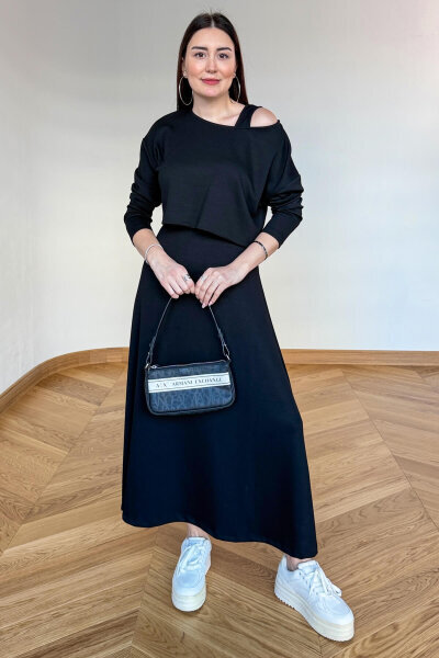 TKM-13369 Siyah Bluz Elbise Modal Kumaş İkili Takım 