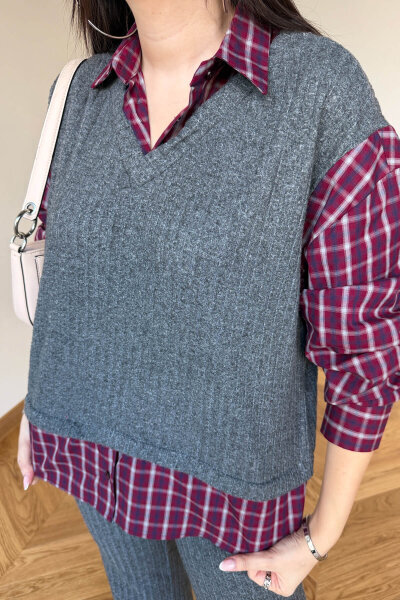 TKM-13370 Bordo Gri Ekose Triko Takım - 5