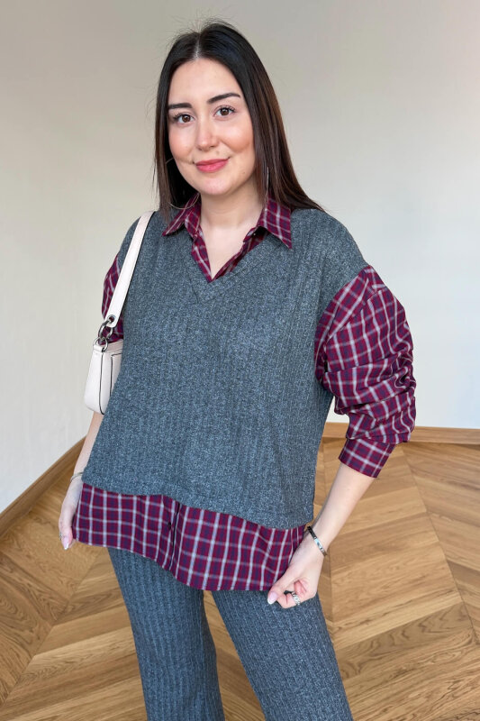 TKM-13370 Bordo Gri Ekose Triko Takım - 4