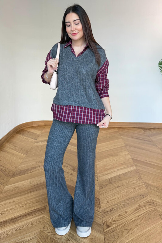 TKM-13370 Bordo Gri Ekose Triko Takım - 3