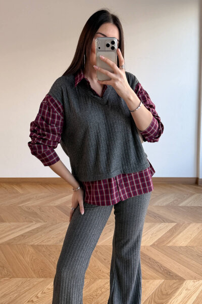 TKM-13370 Bordo Gri Ekose Triko Takım - Cappmoda